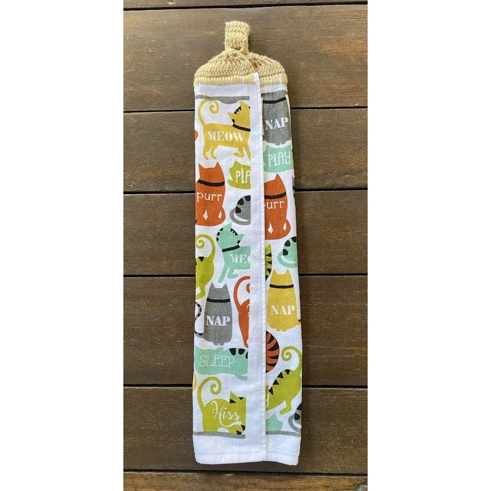 Crochet Top COLORFUL CATS Animal Print Hanging Kitchen Dish Towel Cat Button